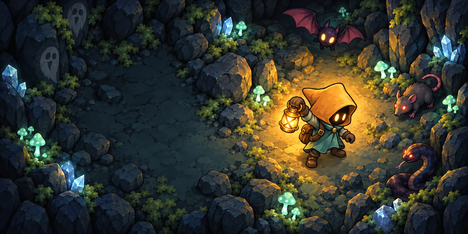 The hooded explorer raises a glowing lantern in a mossy cave while a bat, a rat and a snake watch from the dark