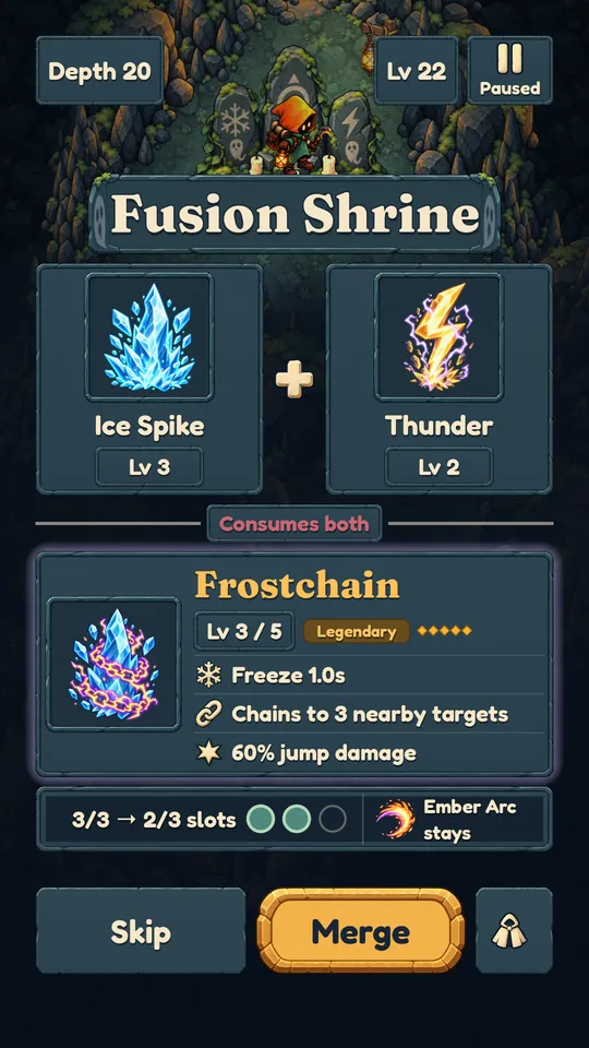 A Fusion Shrine merging Ice Spike and Thunder into the legendary Frostchain