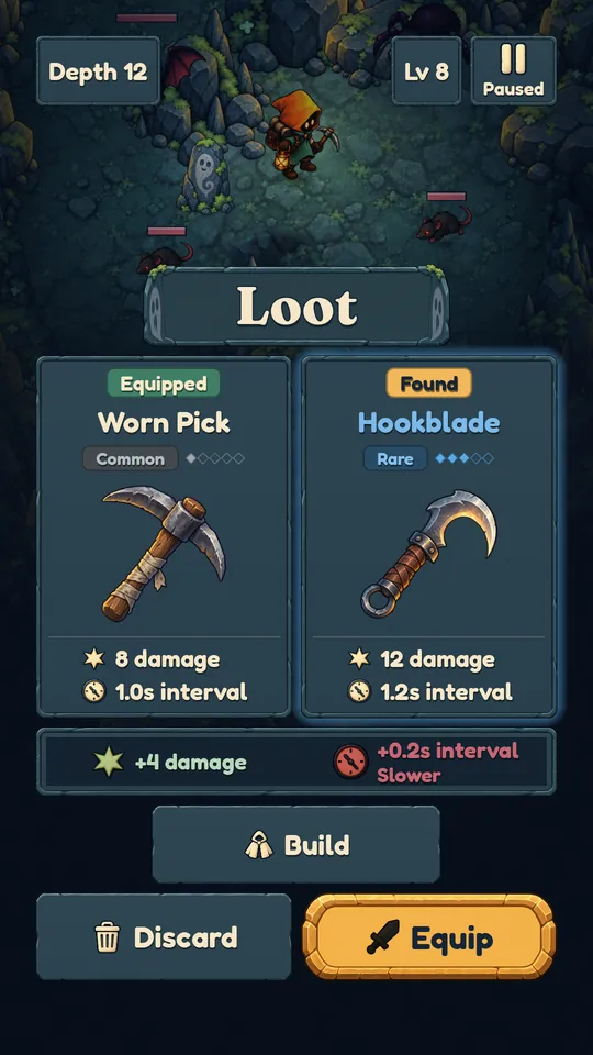 A loot choice comparing the equipped Worn Pick with a found Hookblade