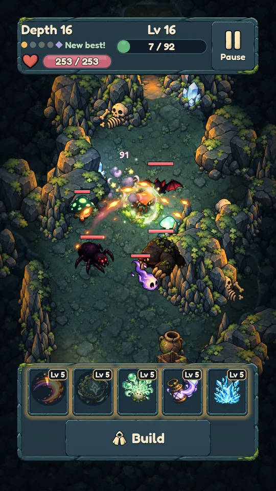 The explorer fights a spider, a bat, a brute and more in a mossy cave room, five abilities ready